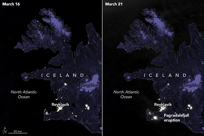 Imagens comparativas do sudoeste da Islndia antes e depois da erupo do vulco ao sul do monte Fagradalsfjall. Crdito: NASA/NOAA