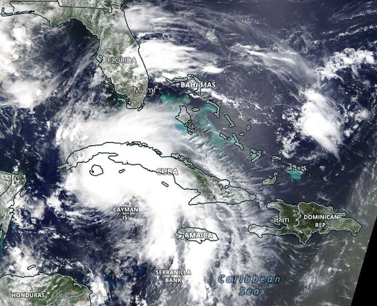 Imagem de satlite mostra o furaco Ida sobre a Ilha da Juventude e o oeste de Cuba. Ida deve evluir para um super furaco no fim de semana. Crdito: Worldview/NASA 