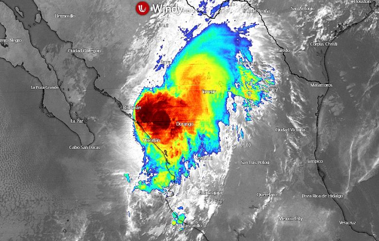 Imagem de satlite mostra o furaco Pamela sobre a costa oeste do Mxico na manh desta quarta-feira, dia 14 de outubro. Crdito: EUMETSAT/Windy. 