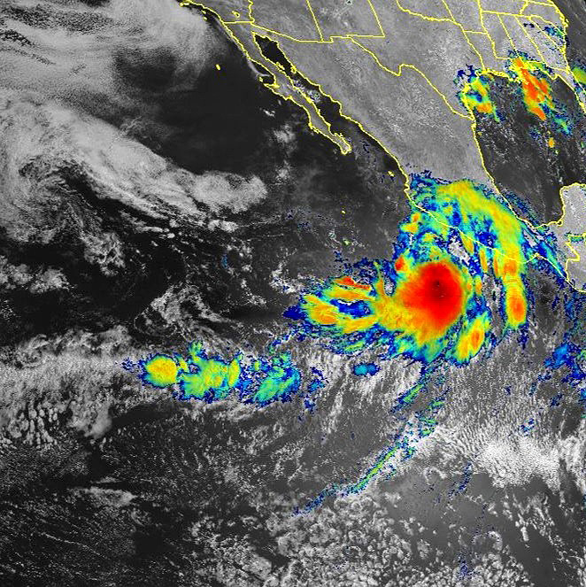 Imagem de satlite mostra a tempestade tropical Nora ao largo do estado de Colima, no Mxico. Nora deve chegar como furaco  Baixa Califrnia no fim de semana. Crdito: GOES-West/NOAA