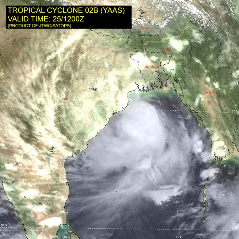 O ciclone tropical Yaas se intensificou sobre a Baa de Bengala e deve tocar o solo indiano pelo estado de Odisha. Crdito: JTWC