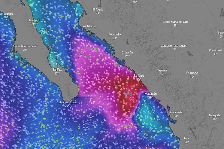 Mapa mostra o alcance das ondas no sul da Baixa Califrnia e na costa do Mxico continental provocadas pelo deslocamento da tempestade Pamela. Crdito: WINDY  