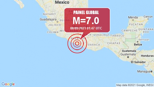 Terremoto poderoso de 7,0 magnitudes atingiu o estado de Guerrero e regio na noite de ontem, dia 7. Crdito da imagem: Google/Painel Global. 