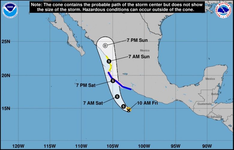Trajeto previsto para a tempestade tropical Dolores nos prximos dias. Crdito: NHC