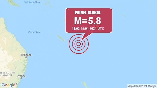 Tremor moderado de magnitude 5.8 ainda aconteceu na regio da Nova Calednia neste domingo, somando a lista de 93 rplicas at agora. Crdito: Google/Apolo11 