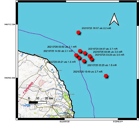Mapa mostra a localizao dos epicentros dos 9 tremores ocorridos ontem na costa do Rio Grande do Norte. Crdito: LabSis