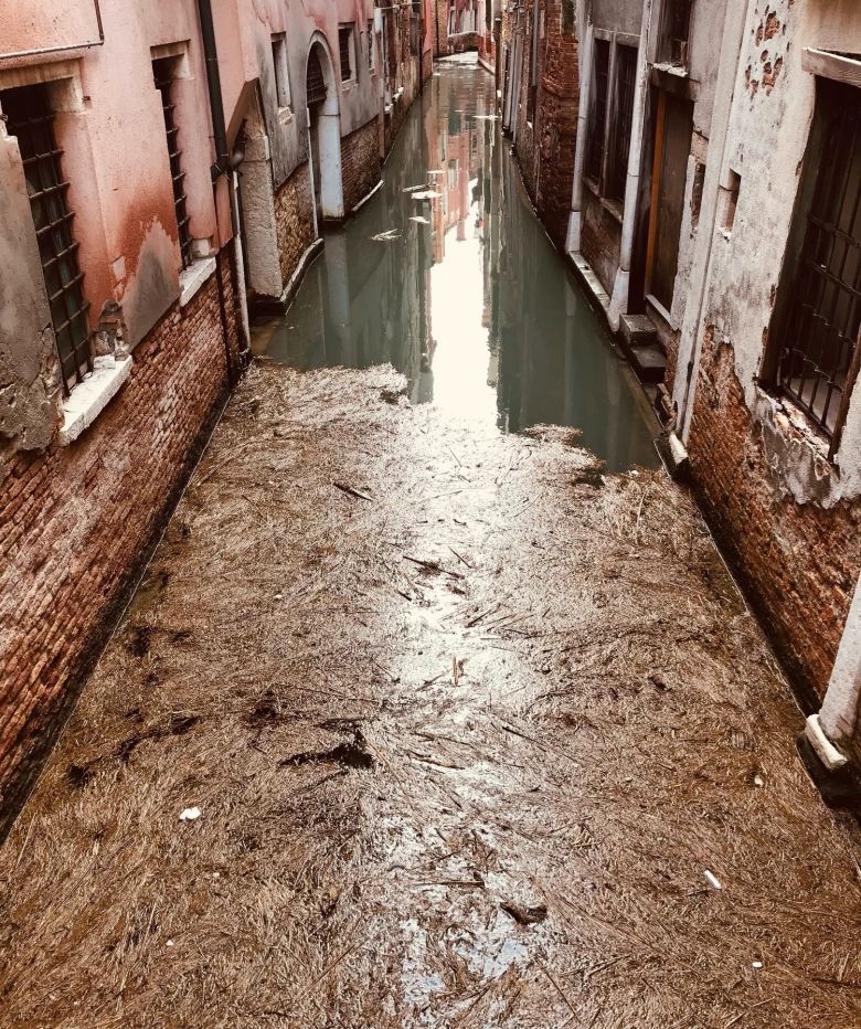 Aps um episdio de Acqua Alta em dezembro de 2020 muitos canais de Veneza ficaram bloqueados, havendo dificuldades para a gua escoar. Crdito: Imagem divulgada em outubro de 2020 pelo twitter @NeilMaiden
