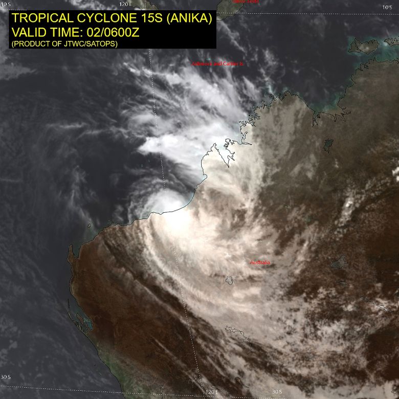 Imagem de satlite mostra a posio do ciclone tropical Anika sobre a Austrlia Ocidental no dia 2 de maro. Crdito: JTWC
