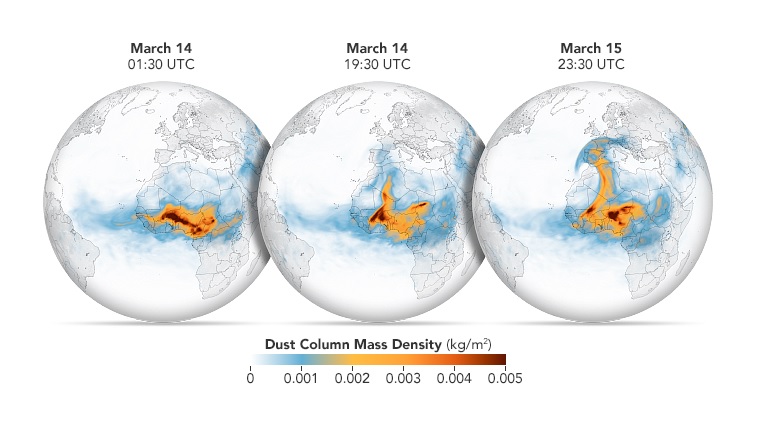 Grficos elaborados baseados em modelos da NASA mostram a concentrao de poeira sobre a frica no dia 14 de maro e na sequncia chegando  Espanha no dia 15 de maro de 2022. Crdito: NASA