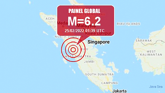 Mapa mostra a localizao do epicentro do sismo que atingiu 6.2 magnitudes na Indonsia, nesta sexta-feira, dia 25. Crdito: Painel Global/Google Maps