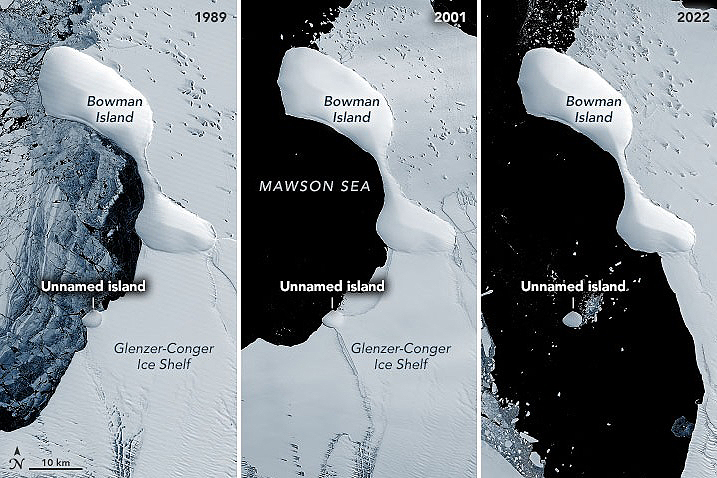 Sequncia de imagens de satlite da NASA mostra uma possvel ilha de gelo, ainda sem nome, que apareceu na costa leste da Antrtida. Crdito: NASA 