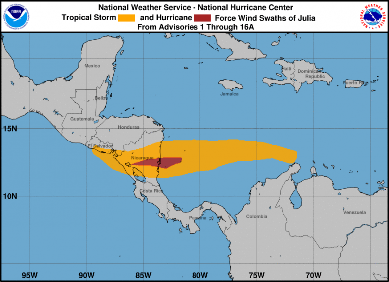 Mapa mostra o caminho feito pela  tempestade e furaco Julia. Crdito: NHC 