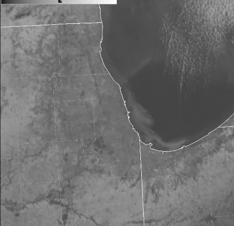 Imagem do satlite GOES-16 mostra a cobertura de gelo sendo empurrada sobre o Lago de Michigan. Crdito: @NWSChicago/GOES-16