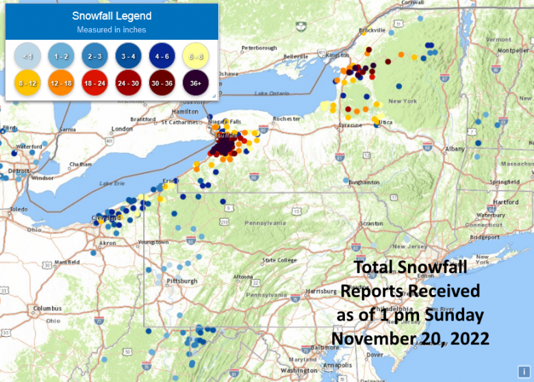 Mapa indica as reas do estado de Nova Iorque que mais tiveram acmulo de neve no ltimo domingo. Crdito: NWS 