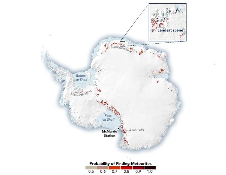 Mapa elaborado em 22 de fevereiro de 2022 atravs de amplas observaes por satlites mostra os locais onde  alta a probabilidade de se encontrar meteoritos na Antrtida. Crdito: Divulgao Earthobservatory/NASA