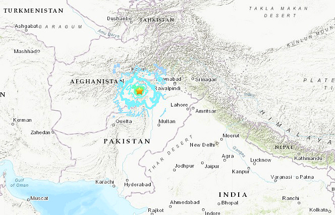 Mapa indica a rea abalada pelo terremoto moderado de 5.9 no Afeganisto em 21 de junho. Crdito: USGS