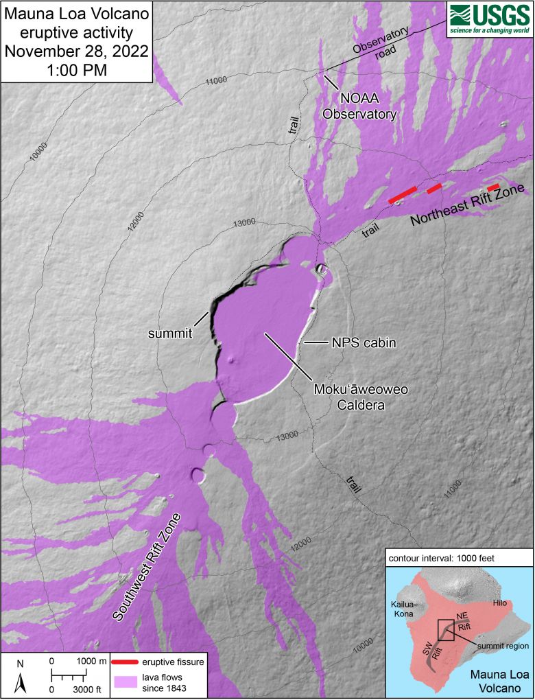 Mapa mostra localizao da zona de Rift Nordeste, onde fissuras do Mauna Loa comearam a enviar fluxos de lava. Crdito: USGS  