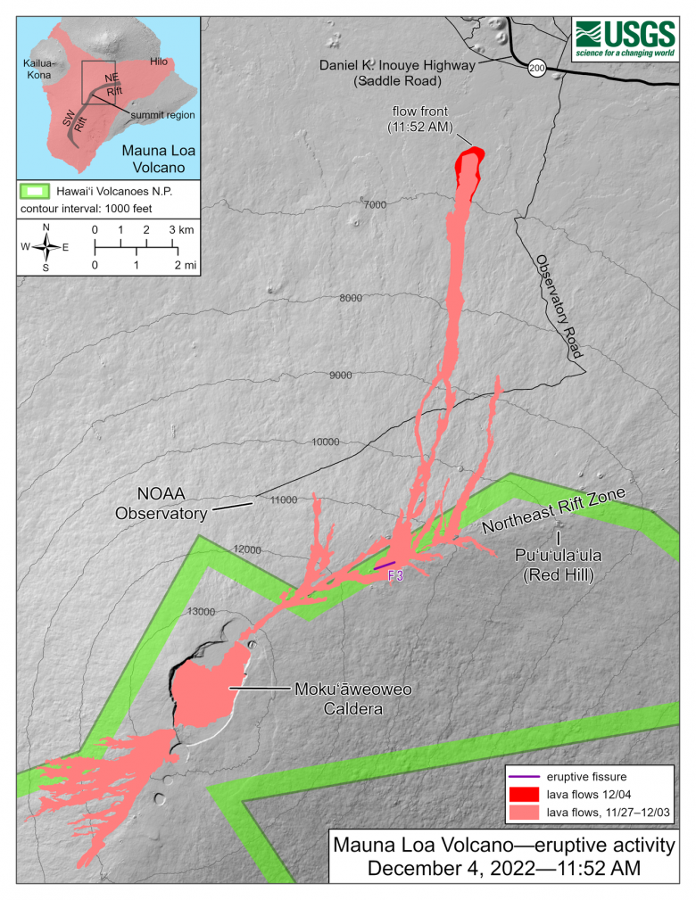 Mapa mostra a localizao dos fluxos de lava que seguem em direo ao norte e a distncia para a Rodovia Saddle Road em 4 de dezembro. Crdito: USGS