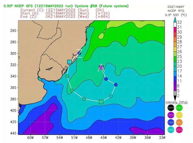 Modelo norte-americano GFS projeta um novo ciclone intenso com valor de presso muito baixo tocando a costa do Rio Grande do Sul. Crdito: GFS/NOAA