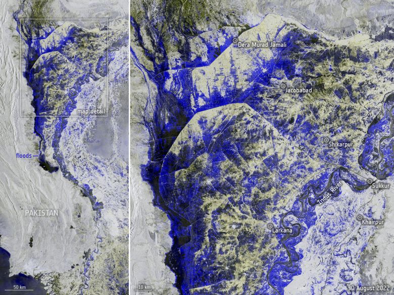 Imagem de satlite adquirida pela ESA em 30 de agosto revela, nas cores azul e preto, as amplas reas inundadas no Paquisto. Crdito: ESA