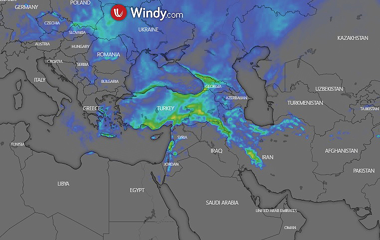 Modelo de previso de queda de neve para os prximos trs dias. A regio de Creta, no sul da Grcia e reas do sudeste da Turquia ainda tero acmulo de neve. Crdito: WINDY/Modelo ECMWF