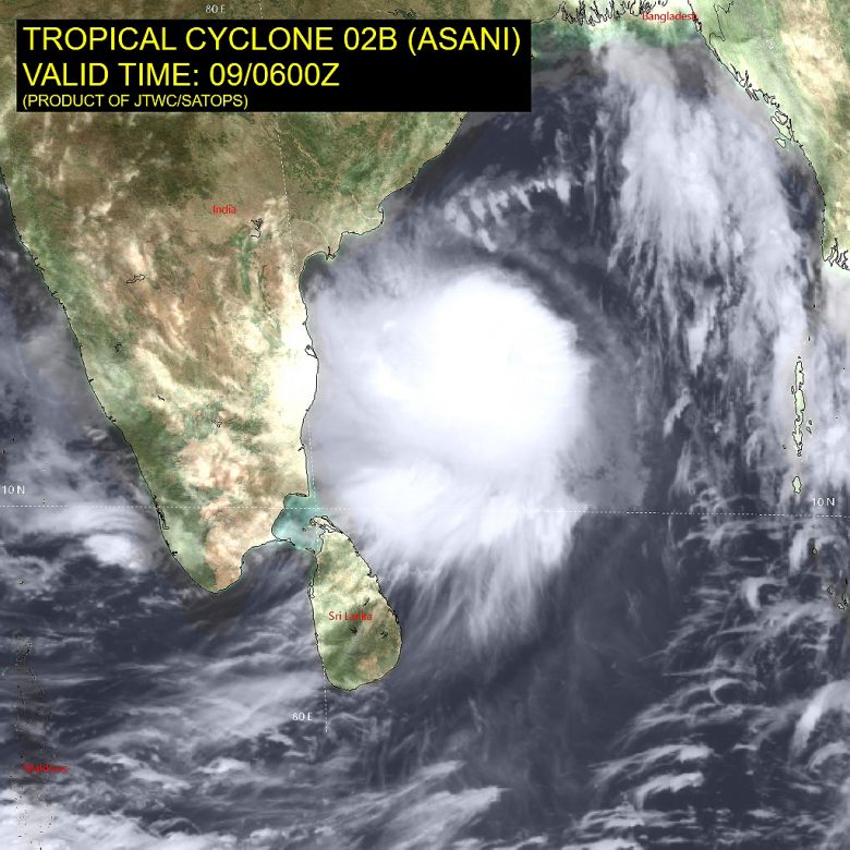 Imagem de satlite mostra o ciclone Asani se aproximando da costa leste da ndia nesta segunda-feira, dia 9. Crdito: JTWC 
