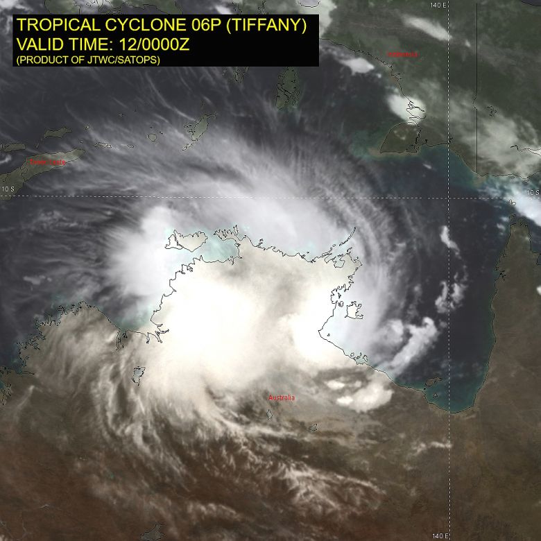 Imagem de satlite mostra o ciclone tropical Tiffany sobre o Territrio do Norte na Austrlia. Crdito: JTWC 
