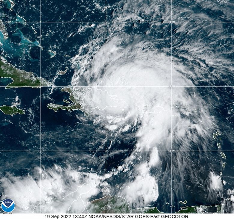 Imagem de satlite mostra o furaco Fiona atuando sobre Porto Rico e a Repblica Dominicana nesta segunda-feira, dia 19. Crdito: NOAA/Goes-East