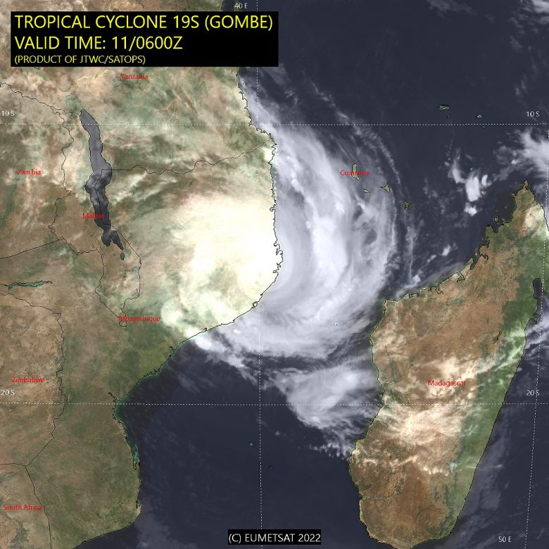 Imagem de satlite mostra a chegada do ciclone tropical Gombe ao norte de Moambique. Gombe chegou a categoria 3 sobre o Canal de Moambique antes de tocar o solo. Crdito: JTWC