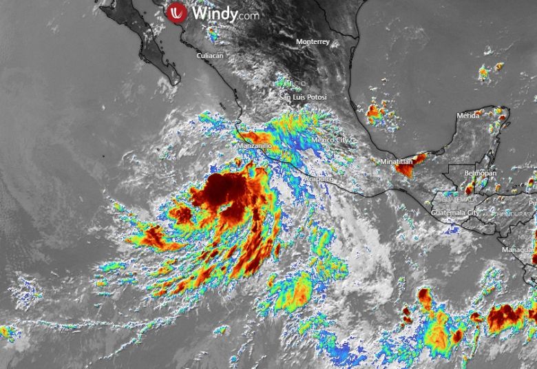 Imagem de satlite mostra a tempestade tropical Clia atuando sobre o Pacfico na altura de Colima, no Mxico. Crdito: EUMETSAT/Windy