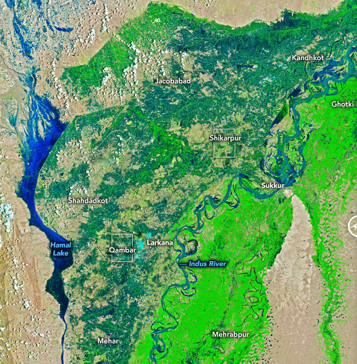 Imagem de satlite aquirida pela NASA em 4 de agosto mostra o territrio paquistans ainda sem as graves inundaes. Crdito: NASA