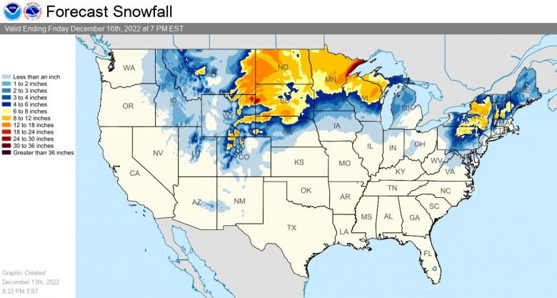 Mapa mostra as prximas reas a serem afetadas pela tempestade de inverno nos Estados Unidos at a sexta-feira. Crdito: NWS