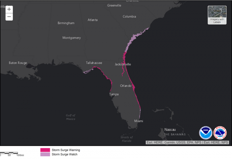 Mapa mostra as reas em maior perigo para inundaes durante as ondas de tempestade provocadas pela chegada de Nicole. Crdito: NHC   