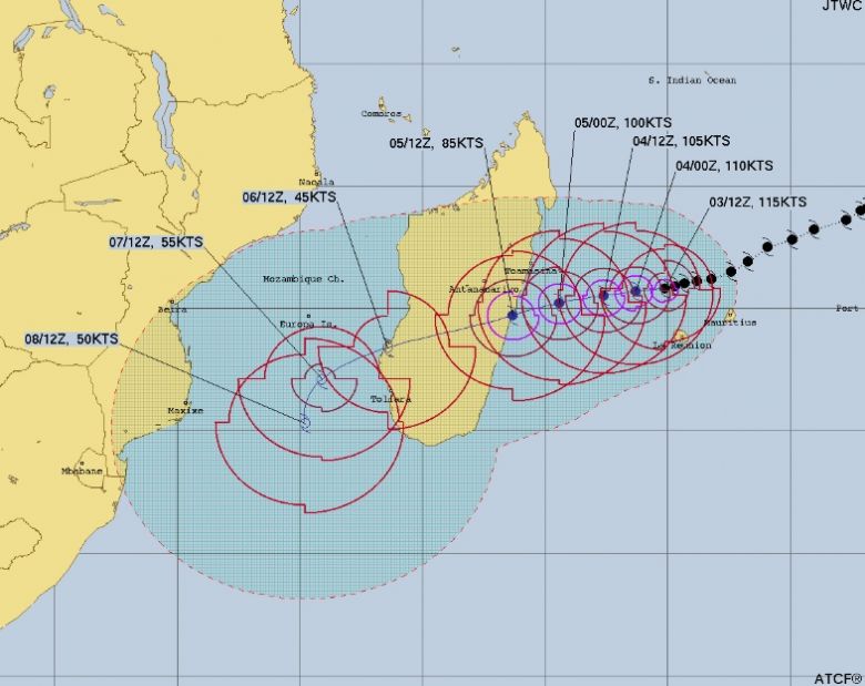 Trajeto estimado para o ciclone tropical Batsirai nos prximos dias. Crdito: JTWC