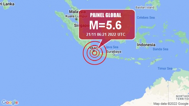Mapa mostra a localizao do terremoto em Java, na Indonsia, neste 21 de novembro de 2022. Crdito: Googlemaps/Painel Global 