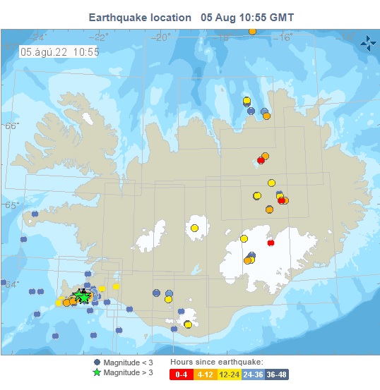 Tremores registrados no sudoeste da Islndia nas ltimas 48 horas. Crdito: Escritrio Meteorolgico da Islndia 