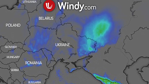Modelo numrico do Centro Europeu de Previses Meteorolgicas  Mdio Prazo (ECMWF) mostra o aumento da neve sobre o territrio ucraniano nas prximas 24 horas. Crdito: Windy/ECMWF