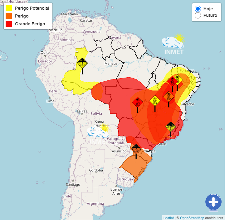 Alerta de calor intenso (vermelho) e baixa umidade (laranja e amarelo) no Brasil dia 13 de novembro. Crdito: INMET 