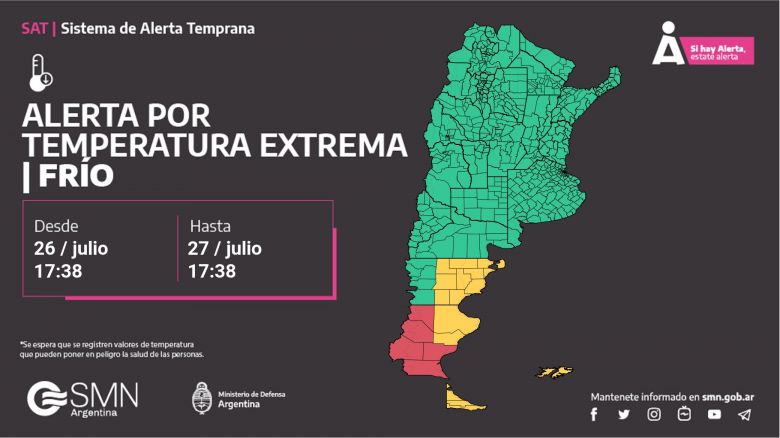 Mapa destaca em alerta vermelho para frio extremo o sul da Argentina dia 27 de julho. Crdito: SMN 