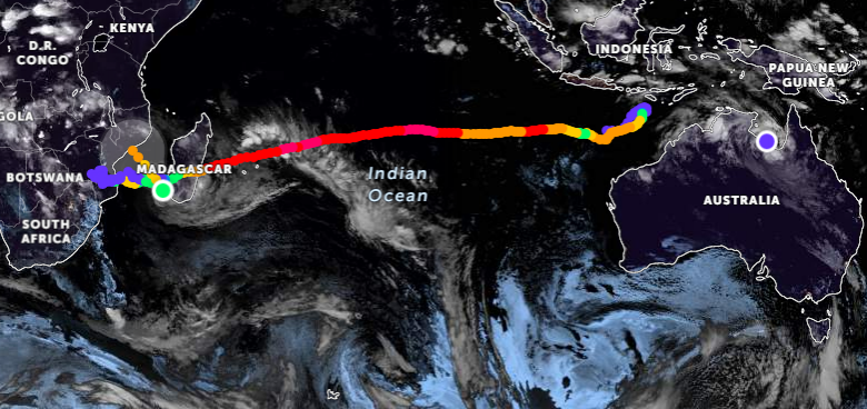 Caminho percorrido pelo ciclone tropical Freddy desde seu aparecimento ao largo da Austrlia em 6 de fevereiro. Crdito: Divulgao Zoom Earth 