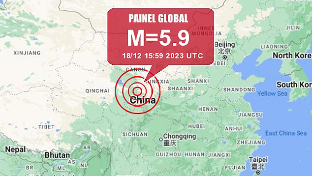 Mapa mostra epicentro do terremoto de magnitude 5.9 registrado pelo USGS, no noroeste da China, no dia 18. Crdito: Painel Global/Google Maps 