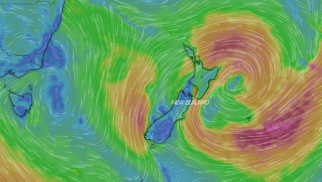 Mapa mostra a circulao dos ventos do ciclone Gabrielle sobre o norte da Nova Zelndia. A tempestade avanou do leste da Austrlia. Crdito: WINDY  