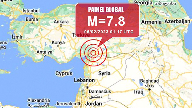 Localizao do tremor principal de 7.8 magnitudes registrado na Turquia na madrugada de 6 de fevereiro de 2023. Crdito: Painel Global/Google Maps 