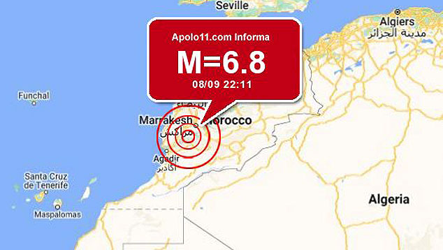 Mapa indica posio do epicentro do intenso tremor de 6.8 magnitudes, que sacudiu o Marrocos na noite do dia 8 de setembro. Crdito: Apolo11/GoogleMaps 