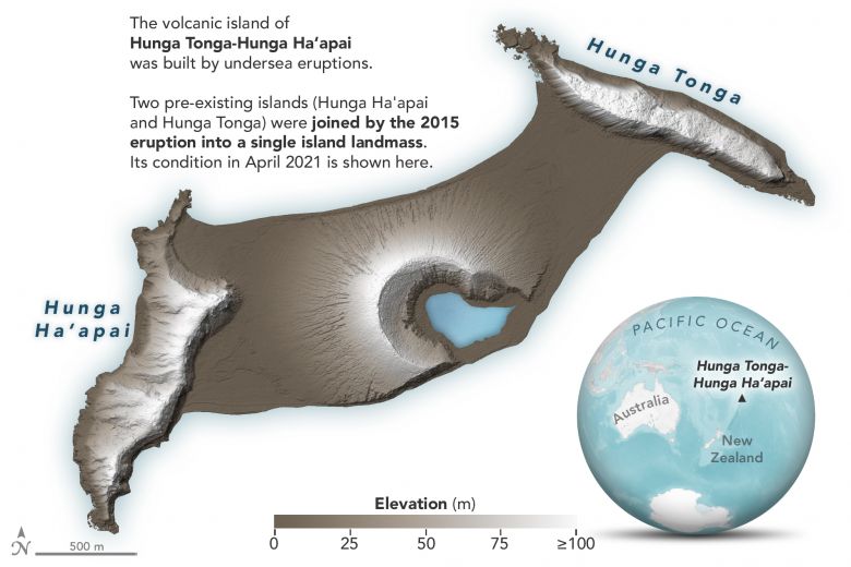 Duas ilhas se formaram e se juntaram numa nica massa de terra na erupo do vulco subamrino Hunga Tonga-Hunga Haapai em 2015. Crdito: Arte divulgada pela NASA/earthobservaory 