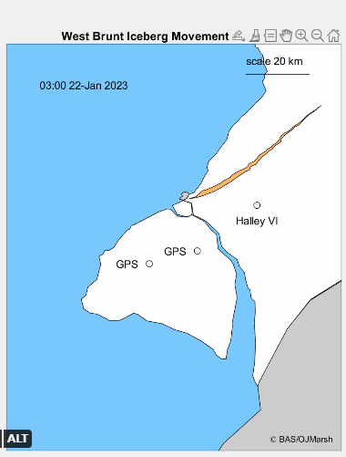 Enorme placa de gelo ainda presa  plataforma Brunt em 22 de janeiro de 2023. Crdito: BAS