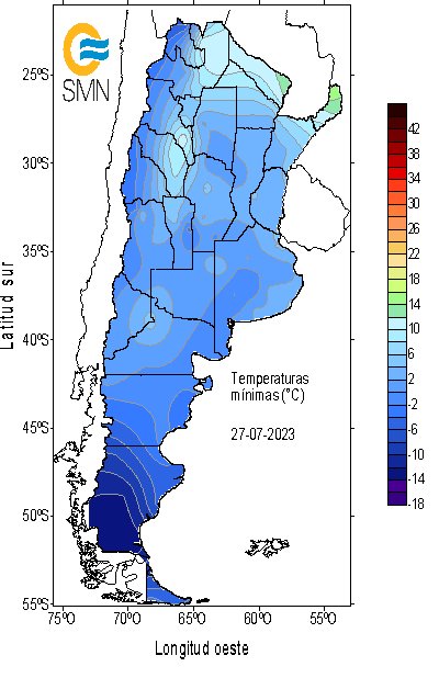 Temperaturas mnimas extremas registradas na Argentina em 27 de julho. Crdito: SMN