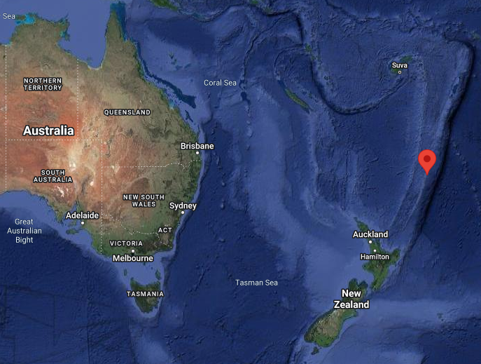 Mapa mostra localizao do arquiplago Kermadec, pertencente  Nova Zelndia. Crdito: GoogleMaps 