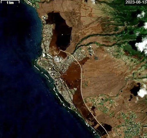 Imagem de satlite capturada dia 13 de agosto mostra rea queimada avanada em Lahaina, em Maui. Crdito: Programa Copernicus, Unio Europeia