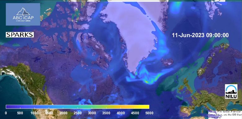 Simulao feita por modelo de clima indica particulas descendo da Noruega para outras reas da Europa dia 11 de junho. Crdito: NILU 